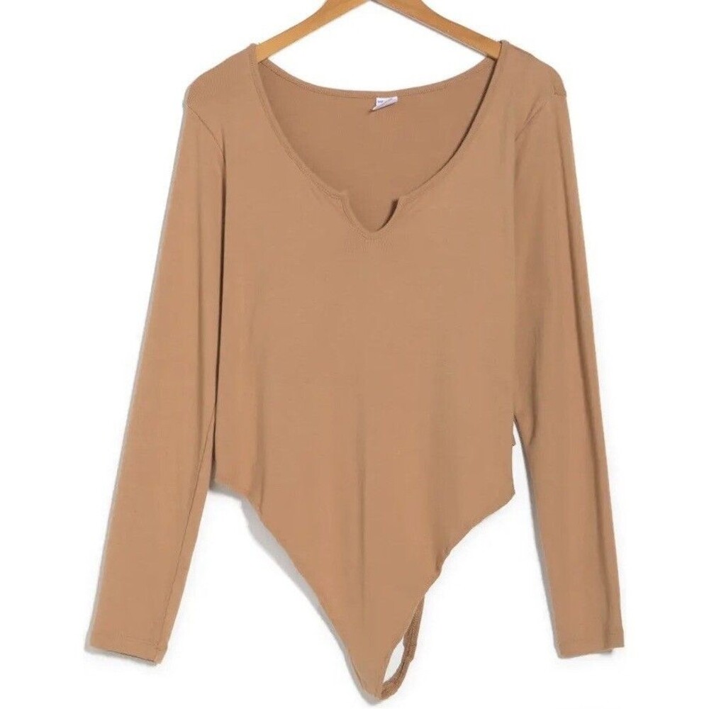 Nordstrom Scoop Rib Knit Thong Bodysuit Sz 2X Tan Long Sleeve Melrose & Market
